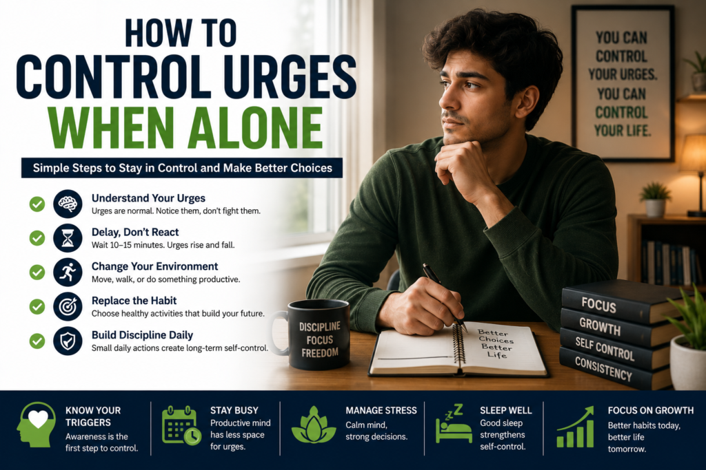Young man sitting alone and practicing self-control with healthy habits, showing focus, discipline, emotional control, and productive routines in a calm indoor setting.