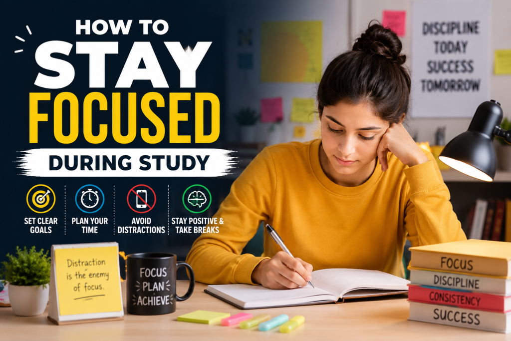 Student studying with full concentration at a clean desk while avoiding distractions and using focus techniques for better learning and productivity.