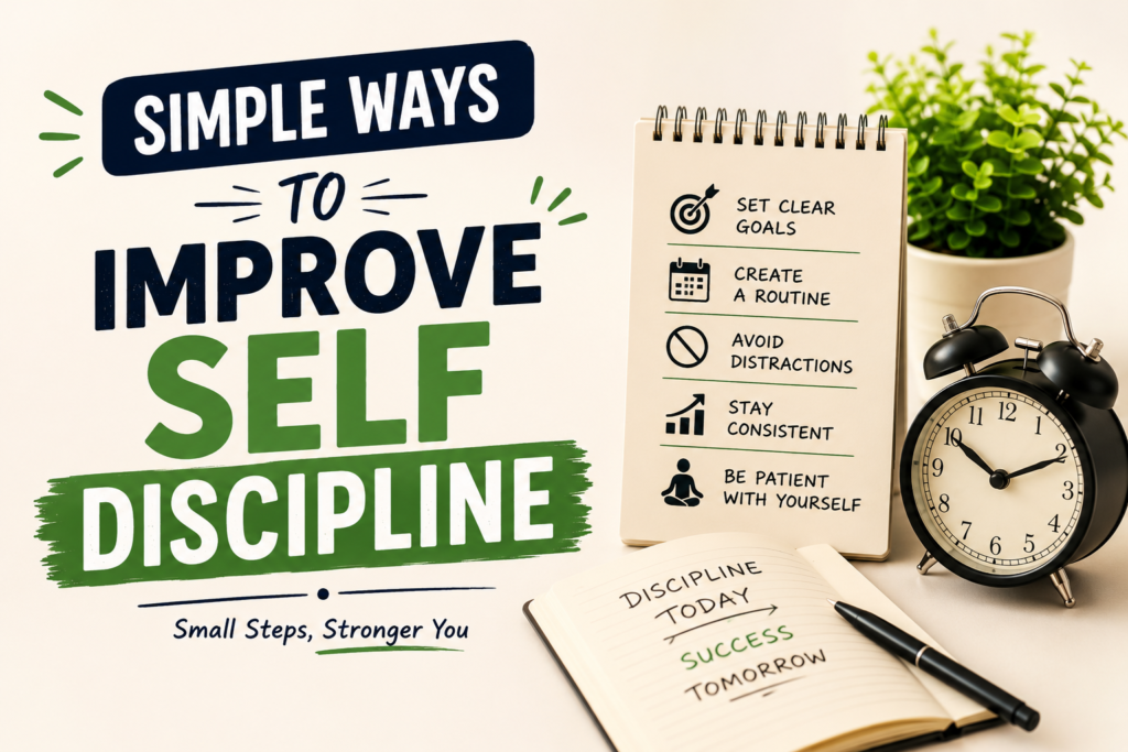 Focused person building self-discipline through daily habits, planning, goal setting, and consistent routines in a clean and productive environment.