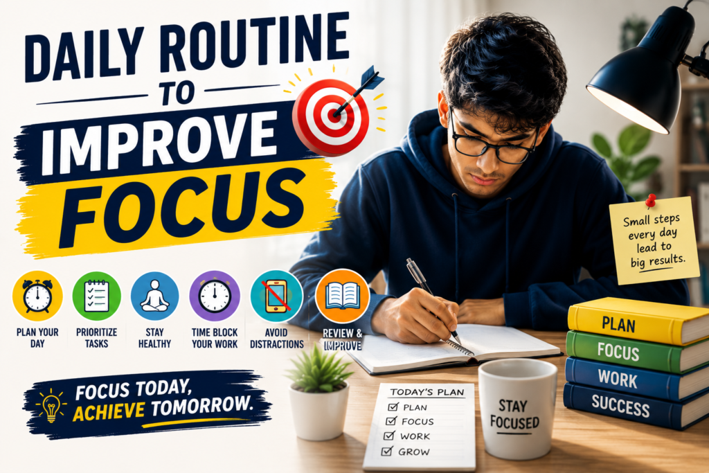 Person following a daily routine to improve focus with study time, planning, healthy habits, and a distraction-free workspace for better concentration.