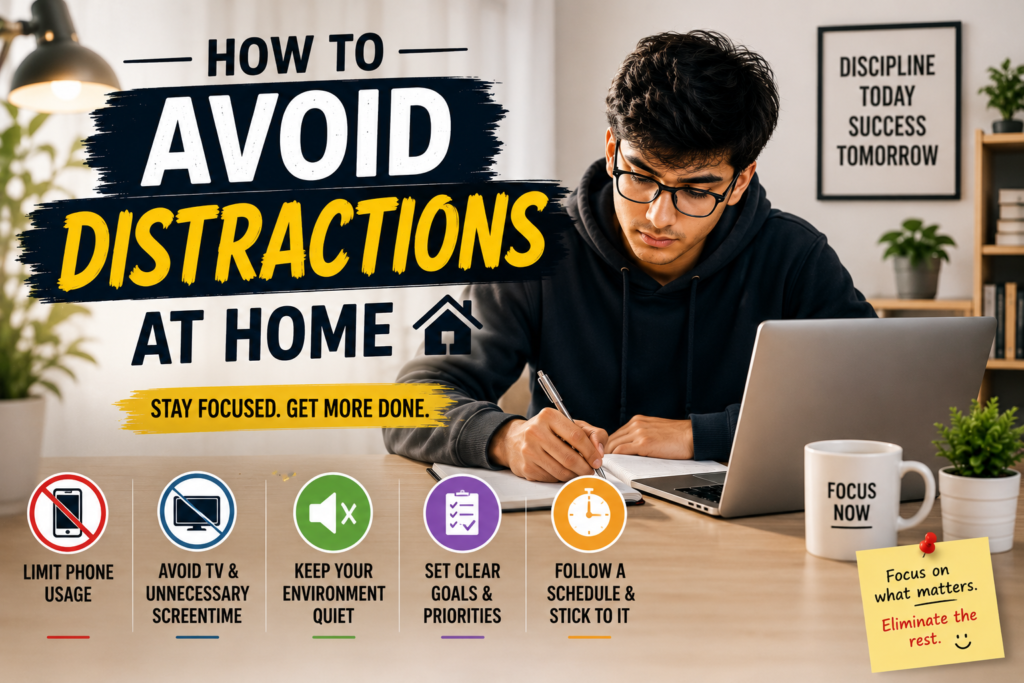 Person working and studying at home in a distraction-free workspace with phone away, organized desk, and focused environment for better concentration.
