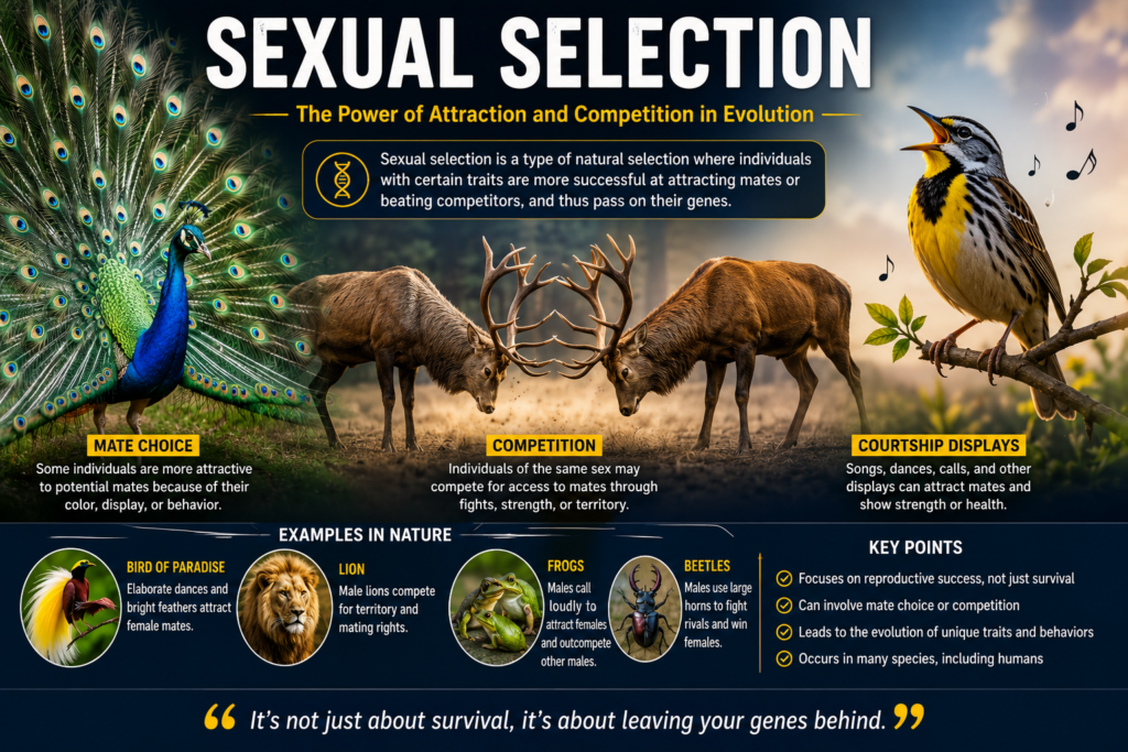 Illustration showing sexual selection in nature with colorful birds displaying feathers and animals competing for attraction, representing evolution and mate choice.