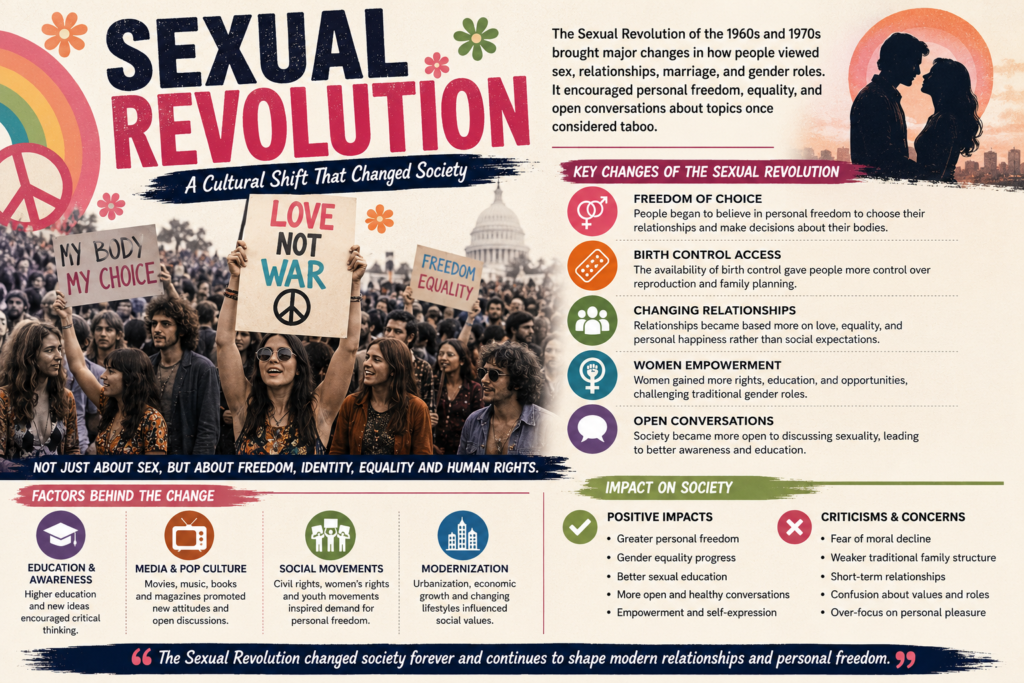 Illustration representing the sexual revolution movement with people, social change themes, freedom, equality, relationships, and cultural transformation during the 1960s and 1970s.