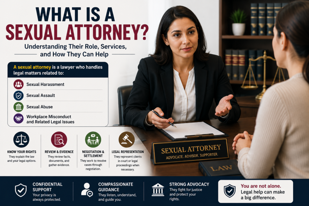Professional attorney consulting with a client in a law office, explaining legal rights and services related to sexual harassment, sexual abuse, workplace misconduct, and legal guidance.