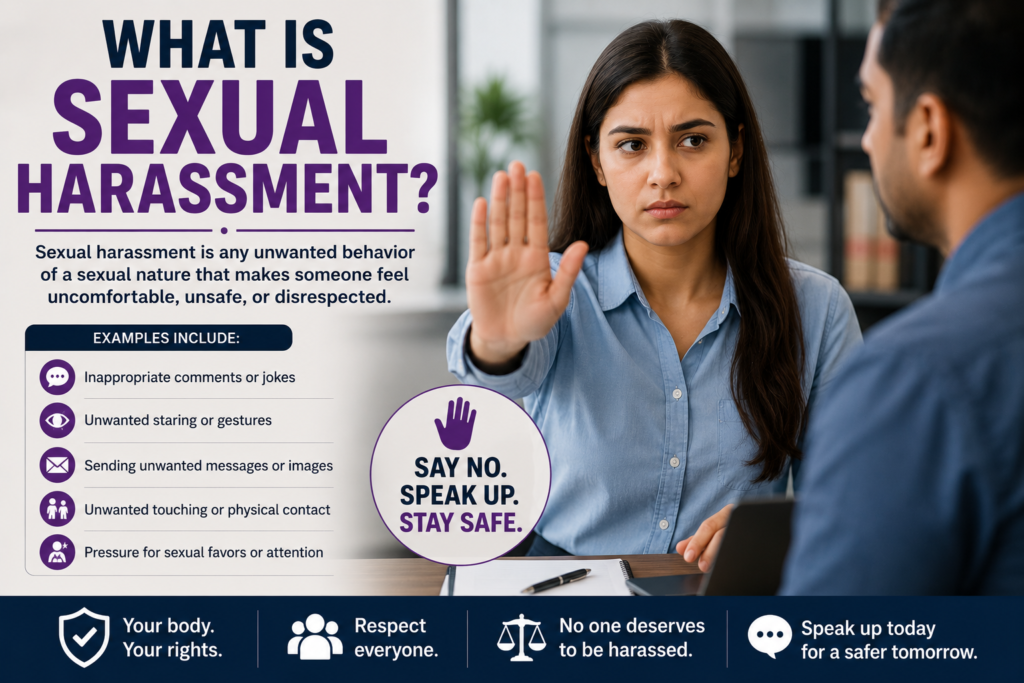 Professional awareness illustration showing a person setting boundaries and raising a stop gesture to represent sexual harassment prevention, workplace respect, personal rights, and safe environments.